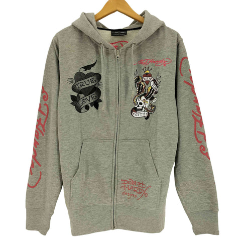 エドハーディー Ed Hardy バックロゴ 刺繍 プリント スカル アームプリント ジップアップ パーカー Y2K メンズ import:L