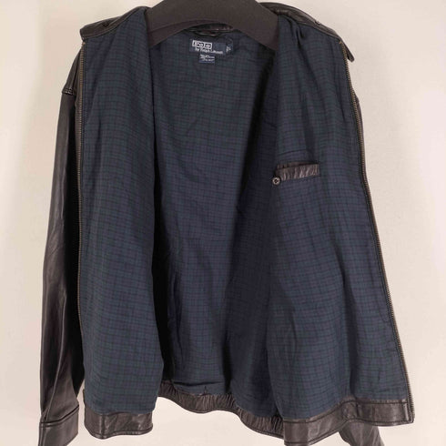 ポロバイラルフローレン Polo by RALPH LAUREN GENUINE LEATHER 裏地チェック ポニー刺繍 スイングトップ 本革 ブラックウォッチ メンズ import:L