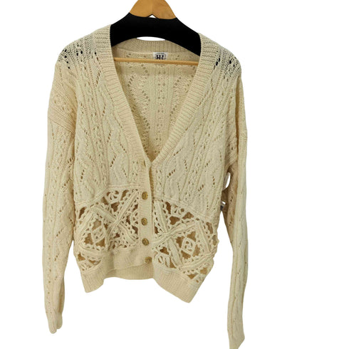 アンリリュシャピュイ Henri-Luc Chapuis ケーブル編みレース切替ニットカーディガン 金ボタン レディース