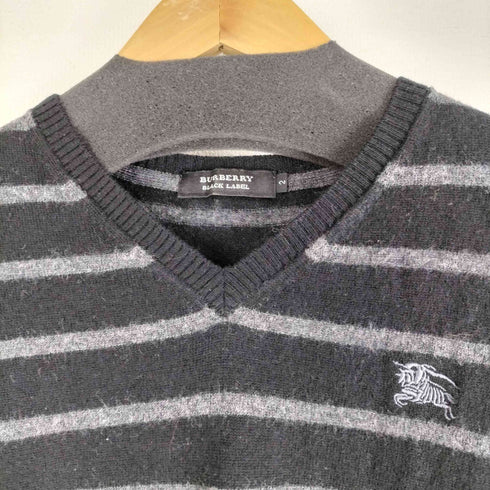 バーバリーブラックレーベル BURBERRY BLACK LABEL ロゴ刺繍 Vネックボーダーウールニット レディース JPN:2