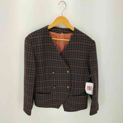 セットアップ ALEC BERMAN 80S~90S イングランド製 ノーカラー ウールカシミヤ混 チェックジャケット スカート レディース