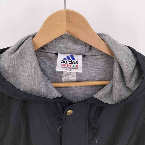 アディダス adidas 90S 万国旗タグ ロゴ ボタン サイドライン フーデッド ロング ナイロン ジャケット メンズ import:XL