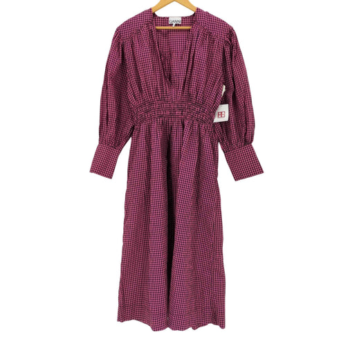 ガニー Ganni Seersucker Check V-neck Gathered Midi Dress レディース JPN:34