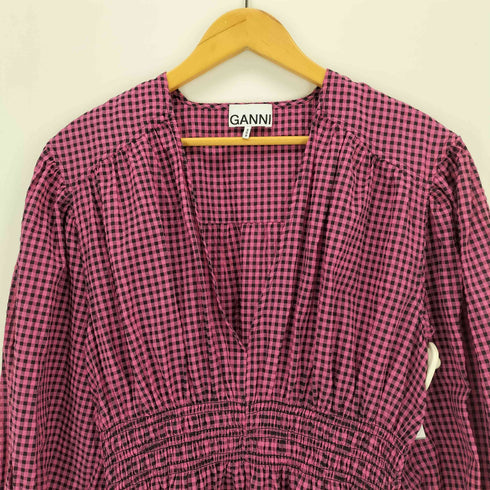 ガニー Ganni Seersucker Check V-neck Gathered Midi Dress レディース JPN:34