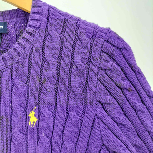 ラルフローレン RALPH LAUREN ポニー 刺繍 フロント フリル ヘンリーネック コットン ケーブルニット レディース import:L