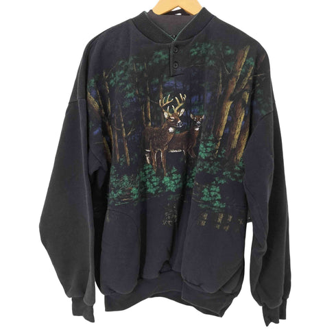 90S MADE IN USA ヘンリーネックアニマルプリントスウェット メンズ XXL