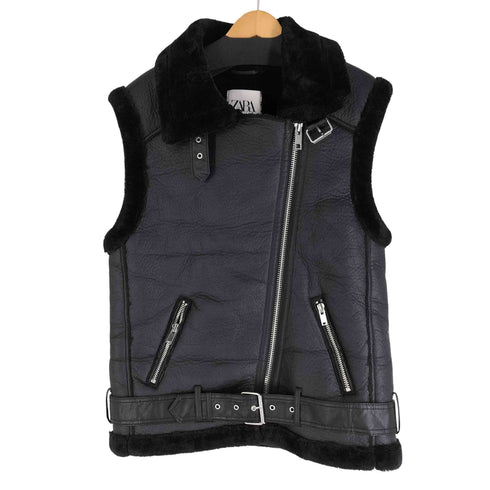 ザラ ZARA フェイクレザー ムートン ライダース ベスト レディース import:S