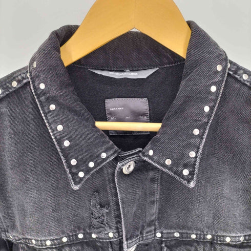 ザラマン ZARA MAN ダメージ加工 スタッズ デザイン ブラック デニム トラッカー ジャケット メンズ import:L