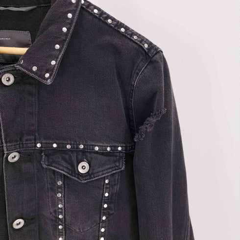 ザラマン ZARA MAN ダメージ加工 スタッズ デザイン ブラック デニム トラッカー ジャケット メンズ import:L
