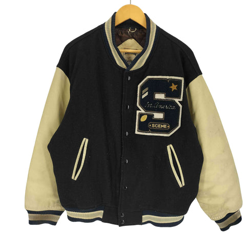 シーン SCENE 90S AMERICAN Hauan Champs S ロゴ ワッペン アーム カウレザー スタジアムジャケット スタジャン メンズ import:L
