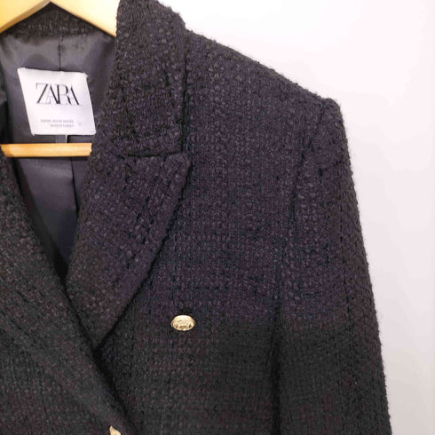 ザラ ZARA black tweed double breasted cropped blazer gold buttons ツイード クロップド テーラードジャケット レディース JPN:XS