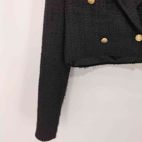 ザラ ZARA black tweed double breasted cropped blazer gold buttons ツイード クロップド テーラードジャケット レディース JPN:XS