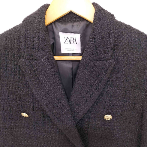 ザラ ZARA black tweed double breasted cropped blazer gold buttons ツイード クロップド テーラードジャケット レディース JPN:XS
