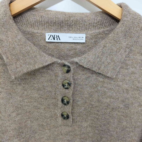 ザラ ZARA ウール混 キャメル混 ロングスリーブニットポロシャツ レディース import:L