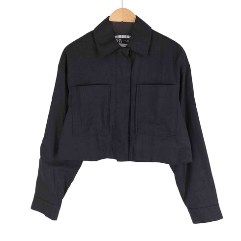 ザラ ZARA LINEN BLEND CROP JACKET リネンブレンドクロップドジャケット 裏地ストライプ 短丈 レディース import:S