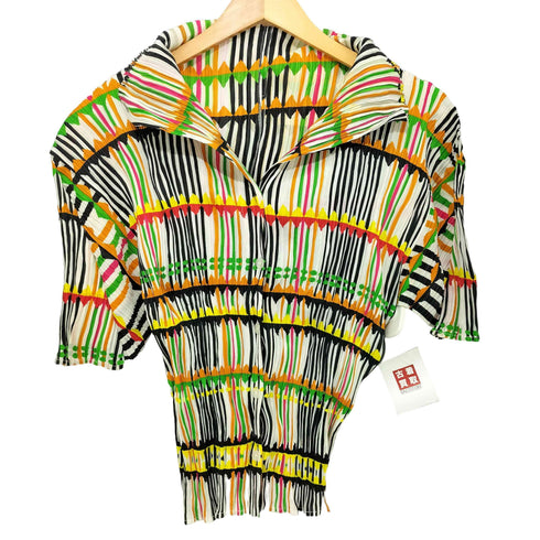 プリーツプリーズイッセイミヤケ PLEATS PLEASE ISSEY MIYAKE 2002SS Archive 幾何学模様 総柄 プリーツ ショートスリーブ オープンカラーシャツ レディース JPN:3