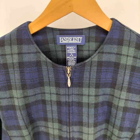 ランズエンド LANDS END 90-00S ブラックウォッチ ノーカラー ジップアップ ジャケット レディース import:S