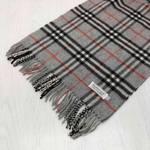 バーバリーズ BURBERRYS 90S 白タグ PURE CASHMERE 灰 ノバチェック フリンジ マフラー メンズ