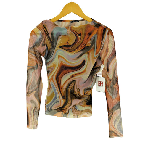 ザラ ZARA PRINTED MARBLE TULLE TOP プリント チュール トップス マルチカラー セカンドスキン レディース import:S