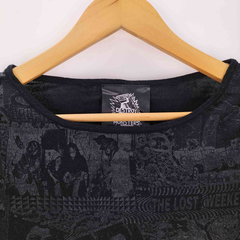 ヒステリックグラマー HYSTERIC GLAMOUR destroy all monster 総柄 フリンジデザイン クルーネックカットソー Y2K レディース FREE