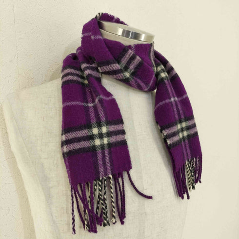 バーバリーロンドン BURBERRY LONDON イングランド製 ラムウール フリンジ チェックマフラー レディース