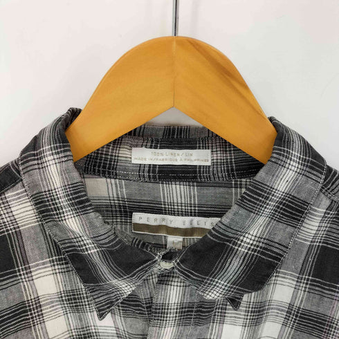 ペリーエリス PERRY ELLIS 90S 100%リネン チェックレギュラーカラーシャツ 好配色 メンズ import:L