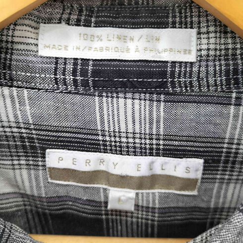 ペリーエリス PERRY ELLIS 90S 100%リネン チェックレギュラーカラーシャツ 好配色 メンズ import:L