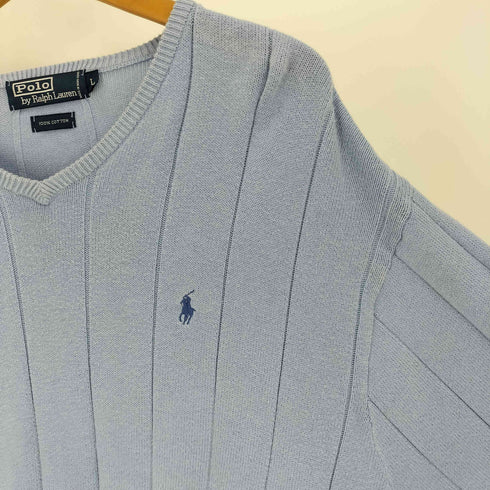 ポロバイラルフローレン Polo by RALPH LAUREN 90S ポニー 刺繍 Vネック 凹凸 ストライプ コットン ニット セーター メンズ import:L