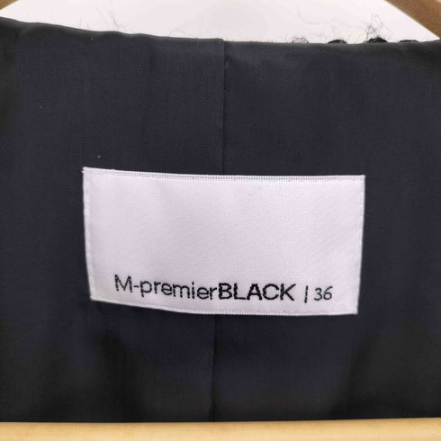 エムプルミエブラック M-premier BLACK レーヨン混 フェイクレザー テープ ツイード フリンジ ノーカラー ジャケット レディース JPN:36