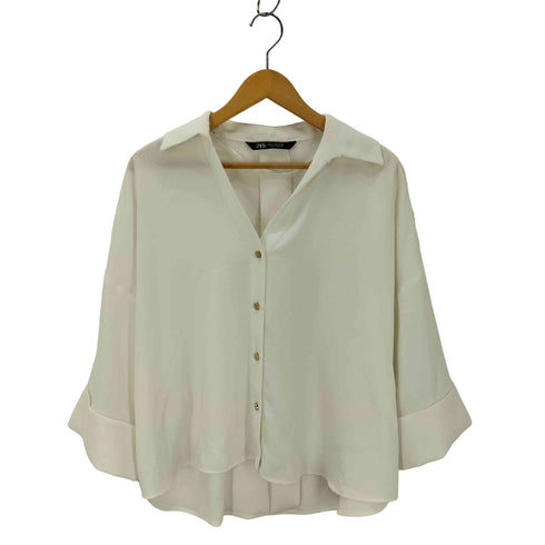 ザラ ZARA クレープ素材 ターンアップスリーブシャツ レディース import:M