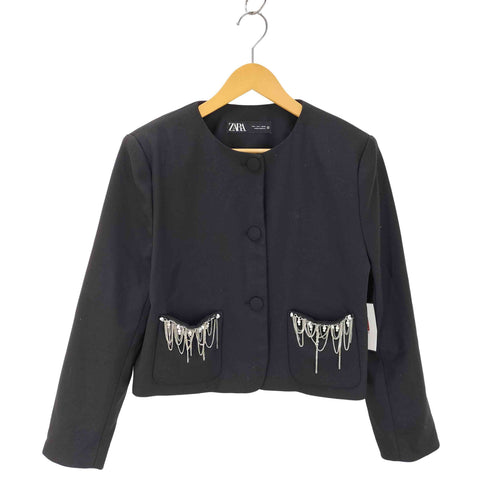 ザラ ZARA SHORT BEADED BLAZER チェーン ノーカラージャケット レディース import:L