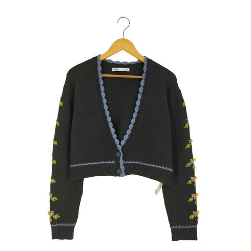 ザラ ZARA EMBROIDERED KNIT CARDIGAN フラワー 刺繍 クロップド丈 カーディガン レディース import:M