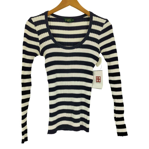ジェイクルー J.CREW 90S USA製 緑タグ ボーダー ワッフル Uネック コットン ニット セーター レディース import:S