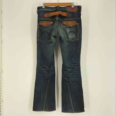エドウィン EDWIN BLUE TRIP LEATHER FLAP FLAER レザーフラップ シンチバック ブーツカット デニム パンツ Y2K メンズ 30