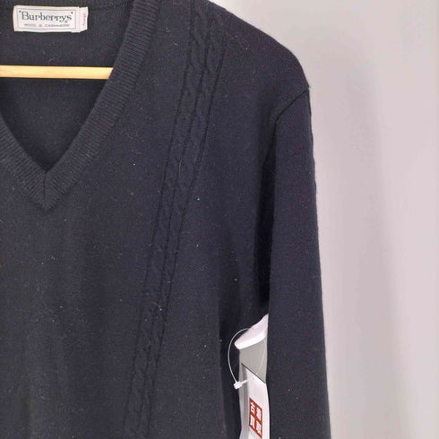 バーバリーズ BURBERRYS 80-90S 白タグ WOOL & CASHMERE カシミヤ 30% ウール ケーブル デザイン Vネック ニット レディース import:L