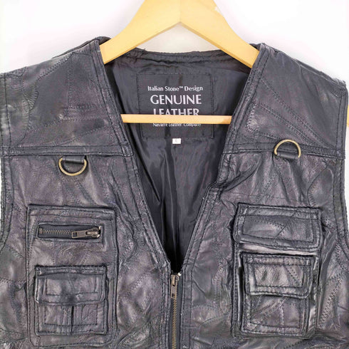 Italian Stone レザー パッチワーク ユーティリティベスト メンズ import:L