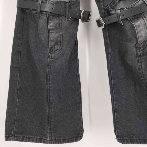 ボンテージ レザー ベルト ブラック デニム ブーツカット パンツ 韓国 レディース L