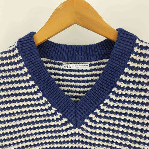 ザラ ZARA ボーダー コットン Vネック ニット ベスト メンズ L-XL