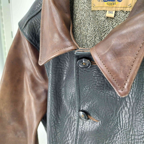 CIDU LEATHERS RIDERS 裏地付き バイカラー レザー シャツジャケット ネコ目ボタン ビッグサイズ メンズ 3XL