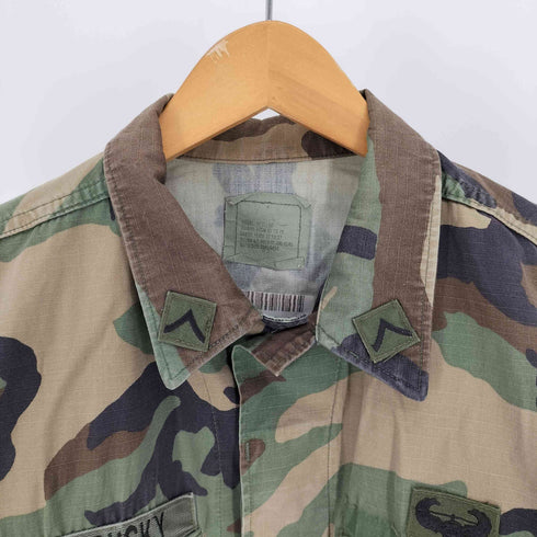 ユーエスアーミー U.S. ARMY 90S HOT WEATHER WOOLAND CAMOFLAGE BDU ホットウェザー ウッドランド カモ 迷彩柄 ワッペン ナイロン コットン リップストップ ミリタリー シャツ 1999年製 メンズ SMALL REGULAR