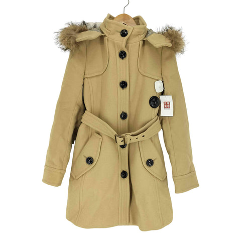 バーバリーブルーレーベル BURBERRY BLUE LABEL 裏地ノヴァチェック ベルト付き ラクーンファーフード アンゴラ混ウールコート RACCOON ANGOLA WOOL レディース 38