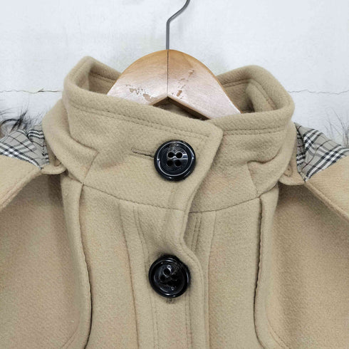 バーバリーブルーレーベル BURBERRY BLUE LABEL 裏地ノヴァチェック ベルト付き ラクーンファーフード アンゴラ混ウールコート RACCOON ANGOLA WOOL レディース 38