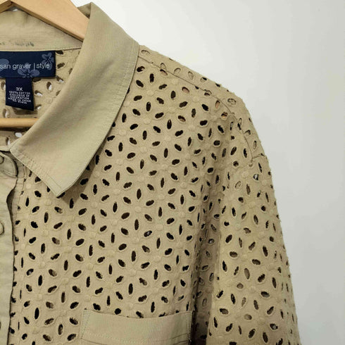 susan graver style 90-00S フラワーモチーフ シースルー L/Sシャツ レディース 3X