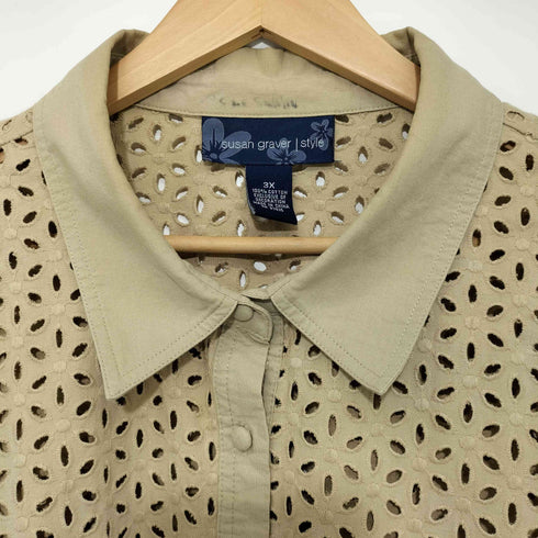 susan graver style 90-00S フラワーモチーフ シースルー L/Sシャツ レディース 3X