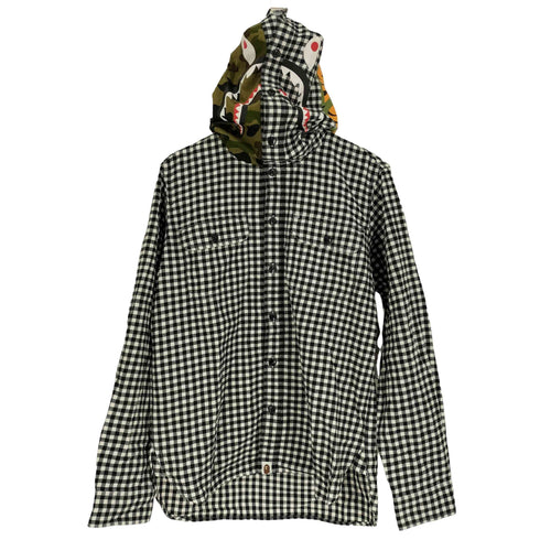 アベイシングエイプ A BATHING APE DESIGN AND ASSEMBLE 1st カモ シャーク フード ギンガムチェック ネコ目ボタン フーデッド コットン フランネル シャツ メンズ JPN:L