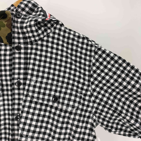 アベイシングエイプ A BATHING APE DESIGN AND ASSEMBLE 1st カモ シャーク フード ギンガムチェック ネコ目ボタン フーデッド コットン フランネル シャツ メンズ JPN:L