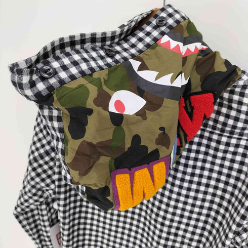 アベイシングエイプ A BATHING APE DESIGN AND ASSEMBLE 1st カモ シャーク フード ギンガムチェック ネコ目ボタン フーデッド コットン フランネル シャツ メンズ JPN:L