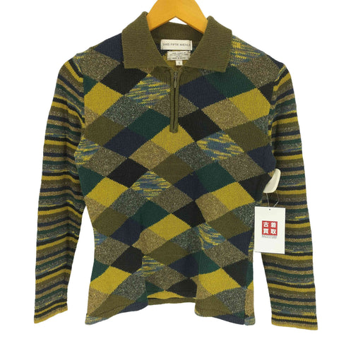 サックスフィフスアベニュー SAKS FIFTH AVENUE アーガイル柄 シルク混 ハーフジップ ロングスリーブ ニット ポロシャツ レディース import:S