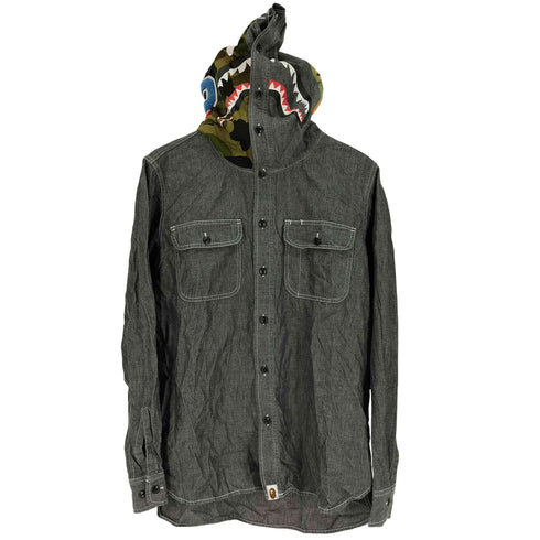 アベイシングエイプ A BATHING APE シャーク フード フラップポケット 猫目ボタン シャンブレー ワークシャツ メンズ JPN:L