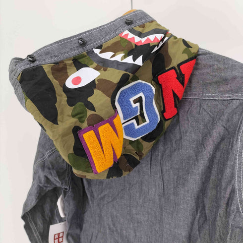 アベイシングエイプ A BATHING APE シャーク フード フラップポケット 猫目ボタン シャンブレー ワークシャツ メンズ JPN:L